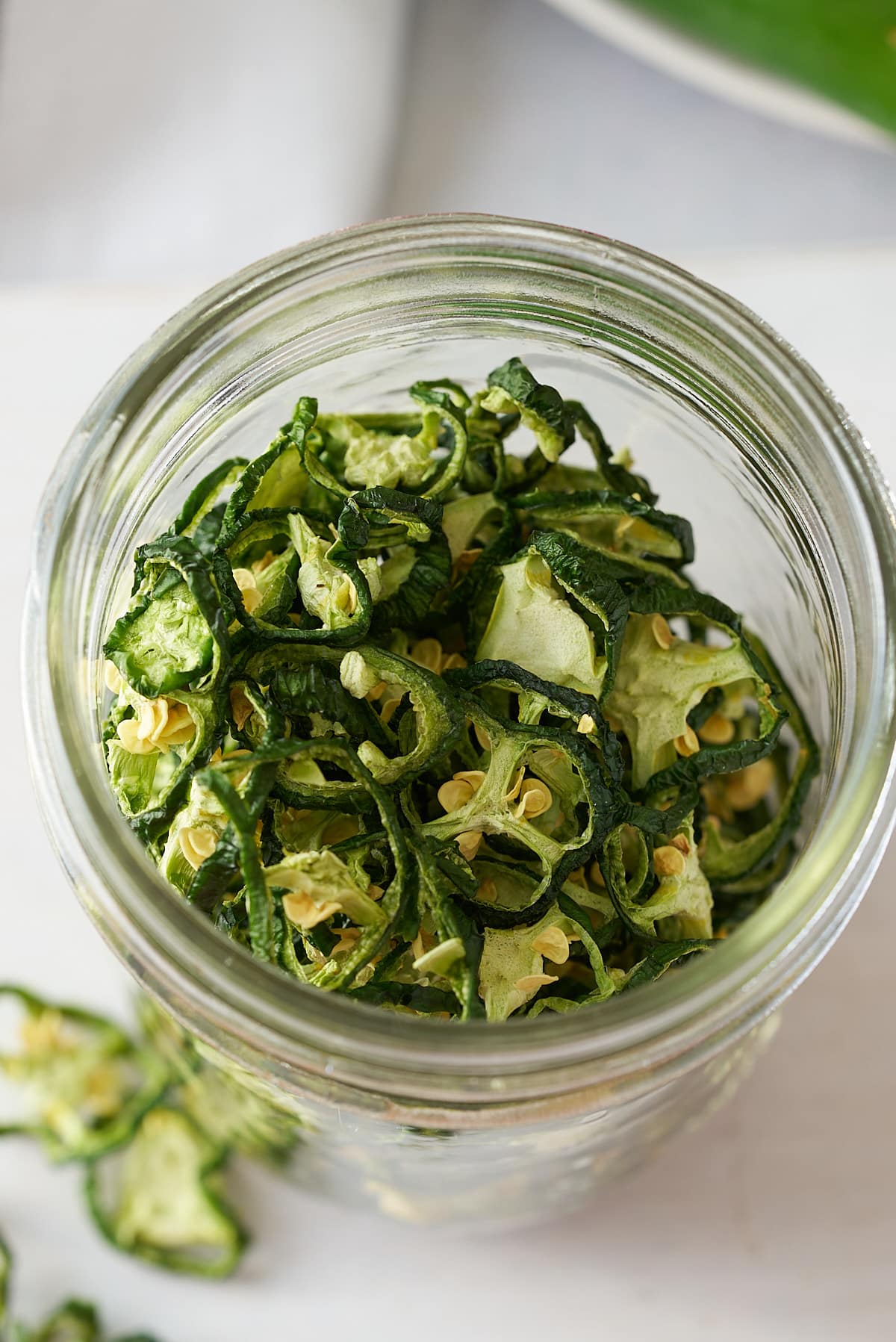 Jar of dehydrated jalapenos.