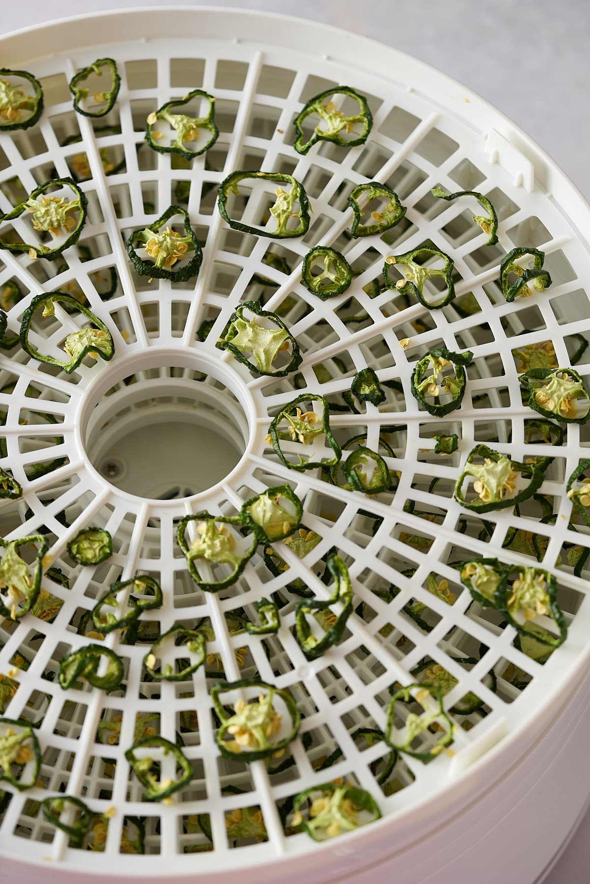 Sliced jalapenos spread around on a dehydrator.