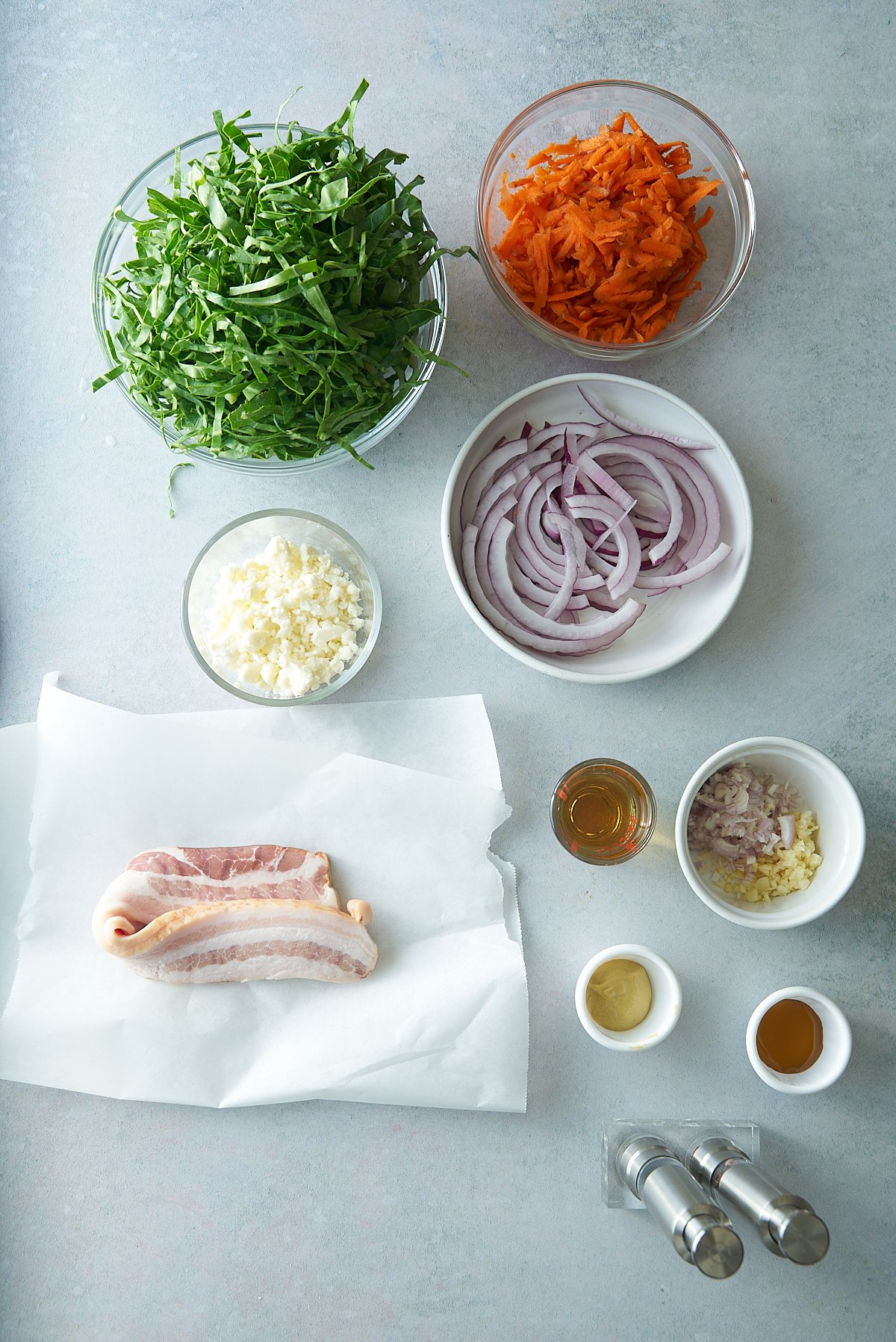 Collard green salad and bacon vinaigrette recipe ingredients.