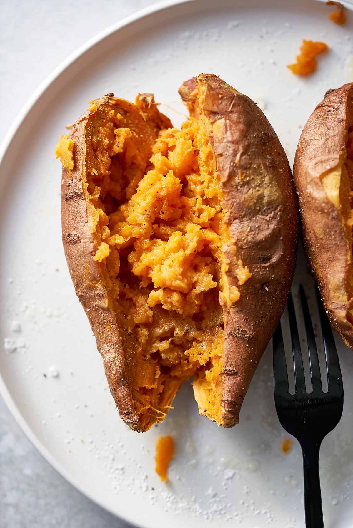 Close up of cut open sweet potato.