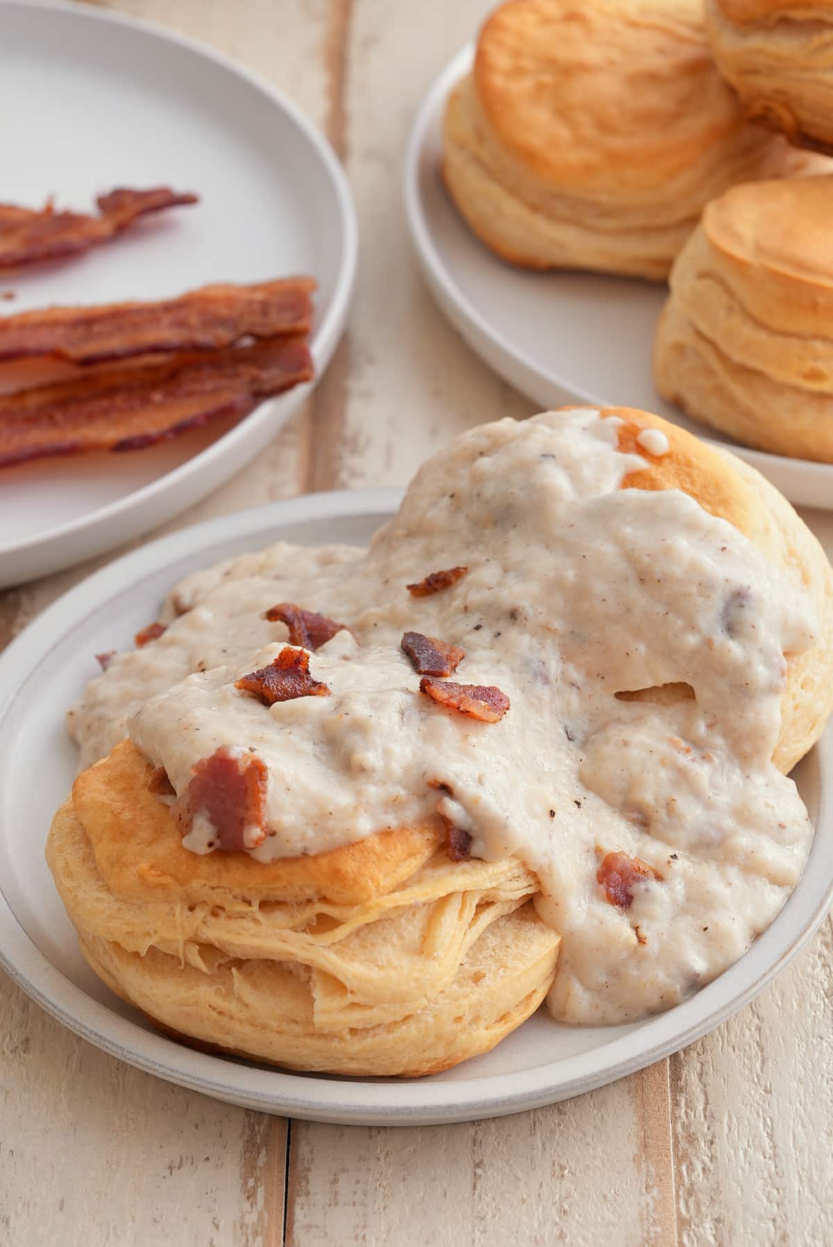 Bacon gravy is served on top of biscuits.