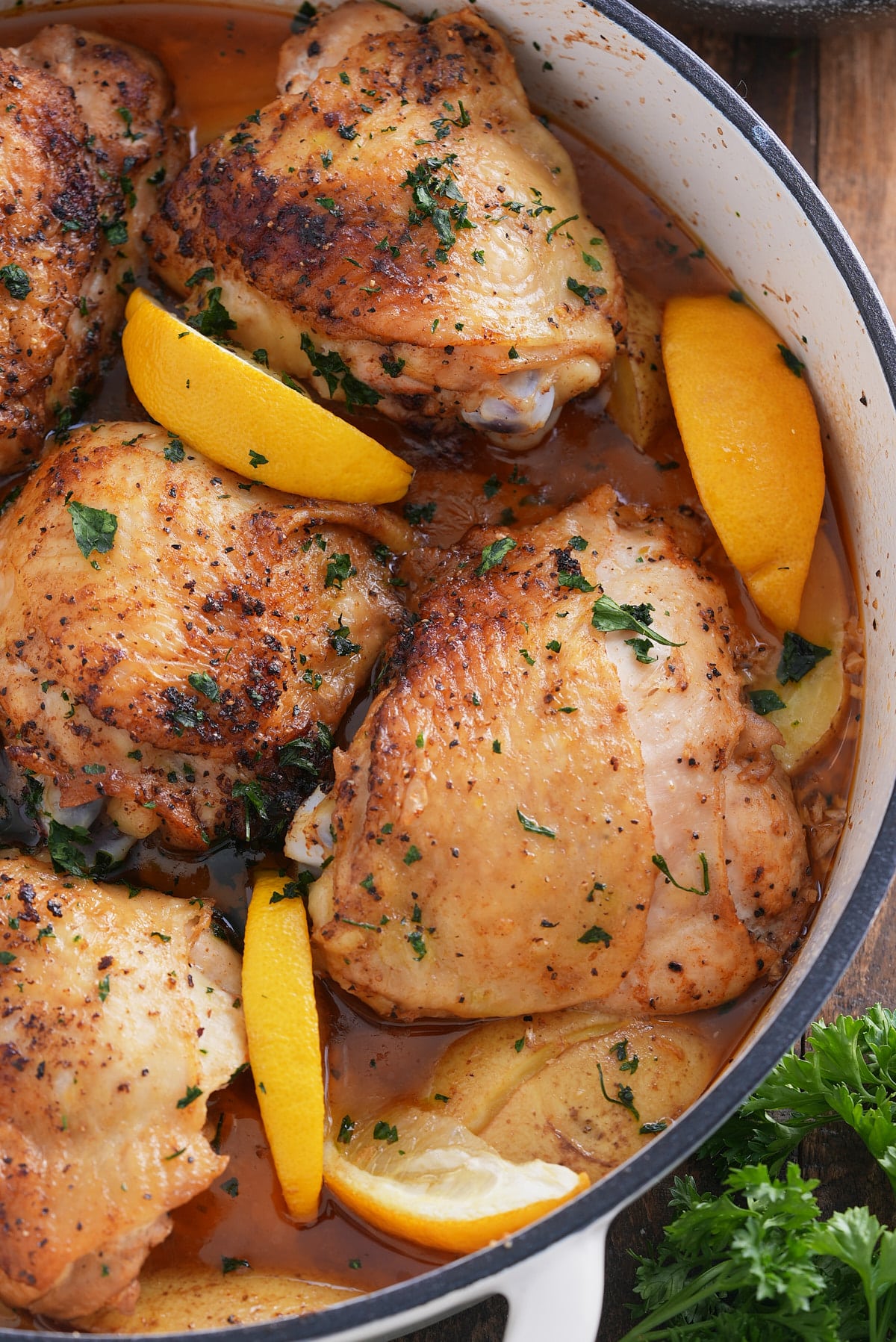 close up photo of braised chicken thighs