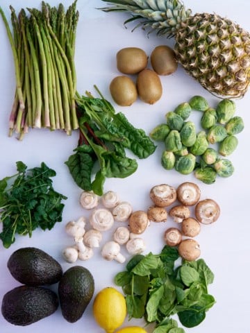 fruits and vegetables on white table