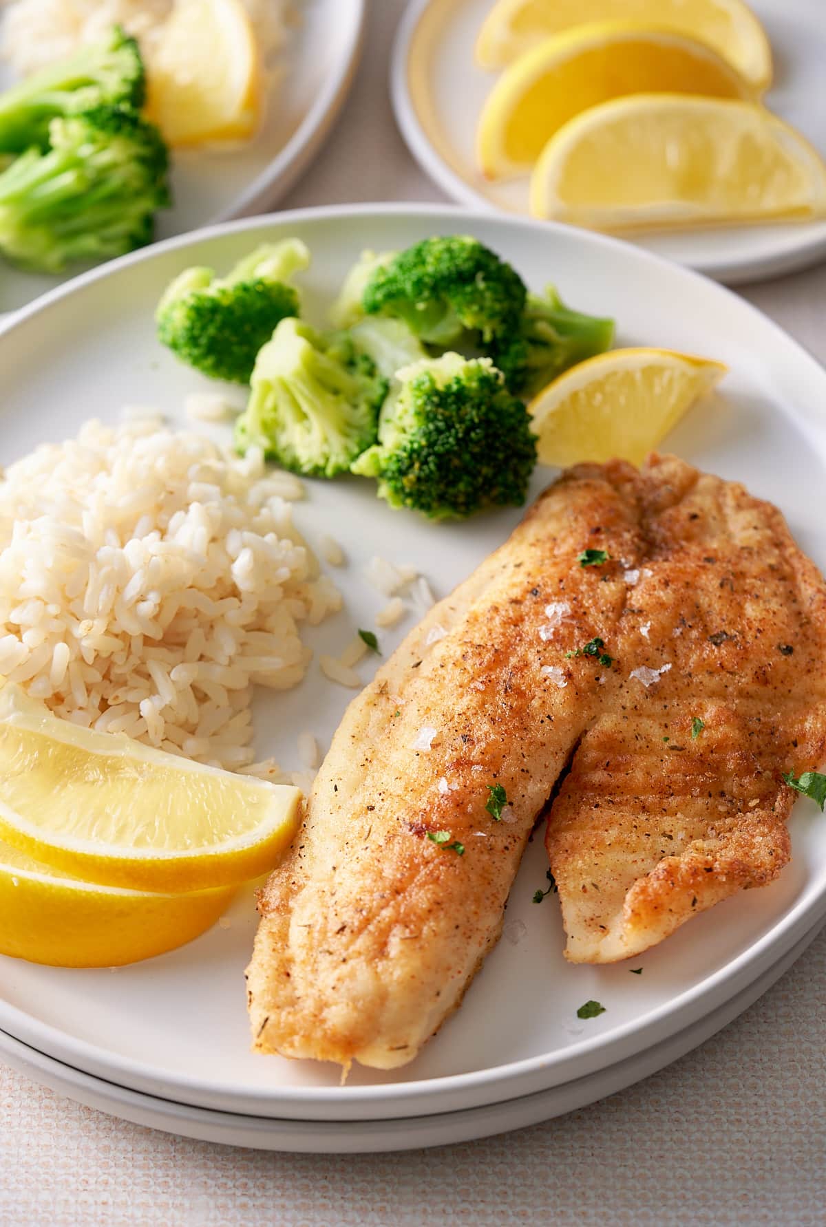 A white plate with a pan fried filet of white fish, a serving of white rice, broccoli and a wedge of lemon.