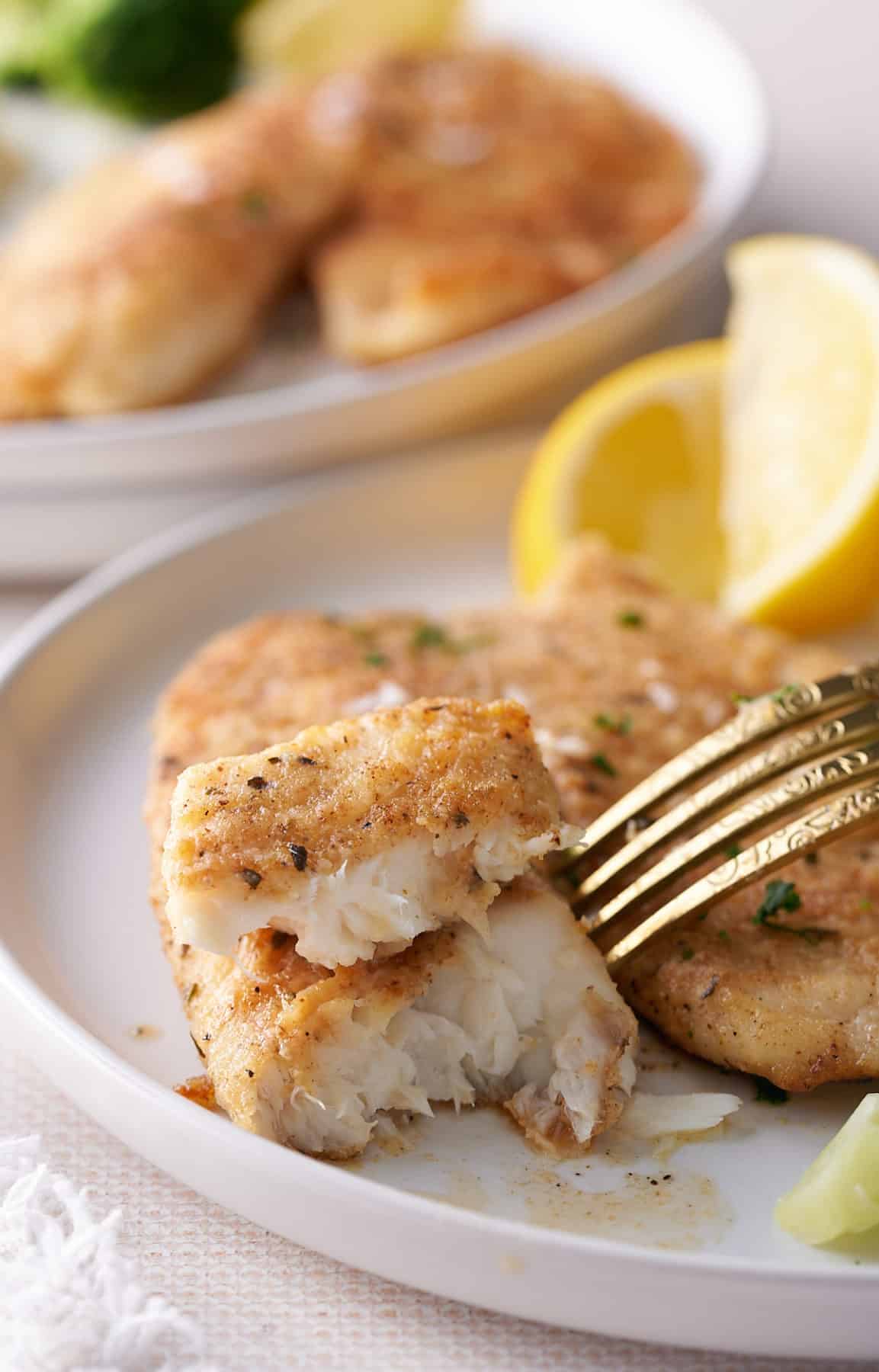 A large white plate with a close up image of a sliced piece of pan fried fish.