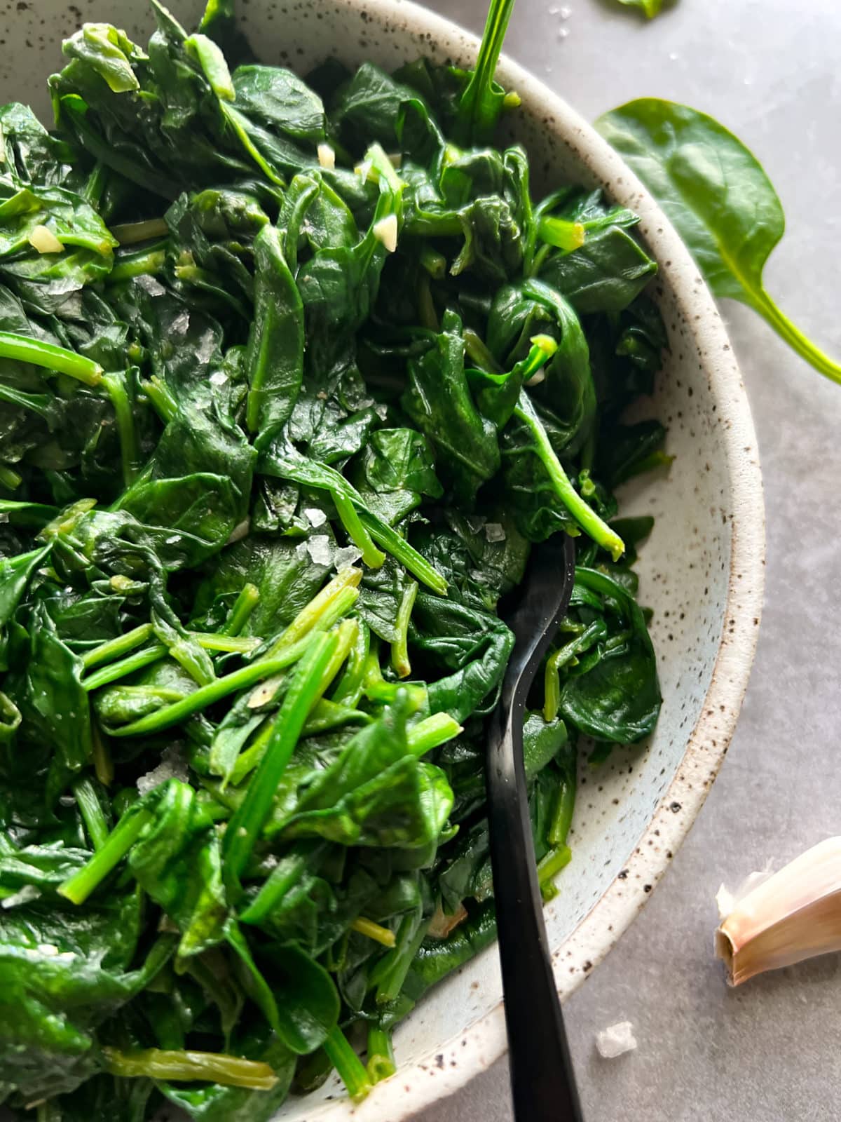 overhead view of sauteed spinach. very close photo.