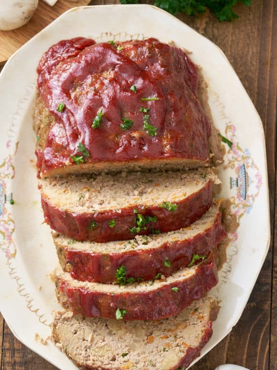 turkey meatloaf sliced on a platter