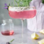 lavender martini in glass with sugar rim