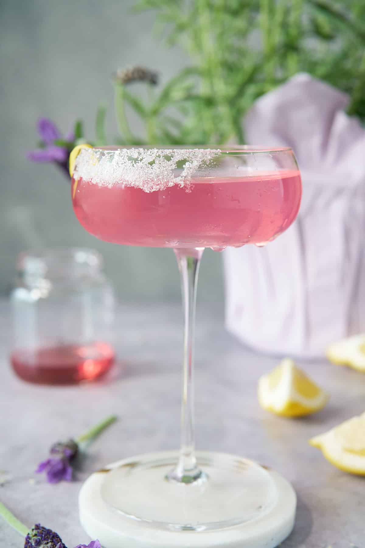 lavender martini in glass with sugar rim