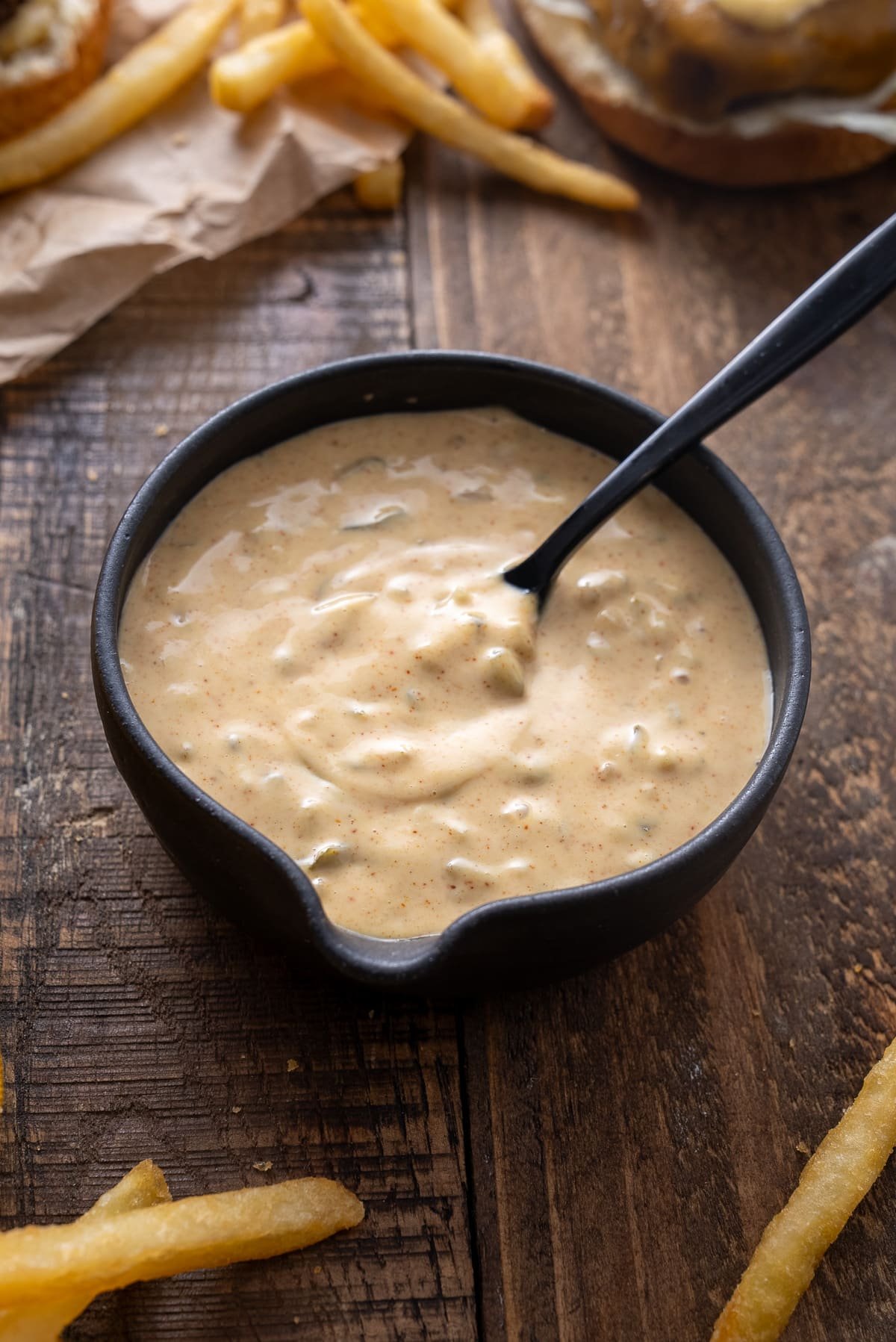 big mac sauce in bowl with spoon sticking out