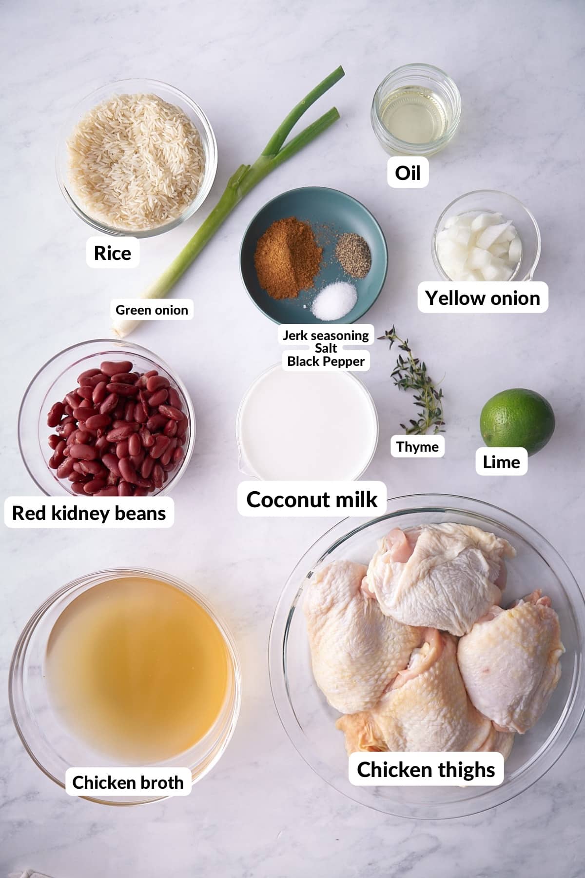 jerk chicken and rice ingredients on a table