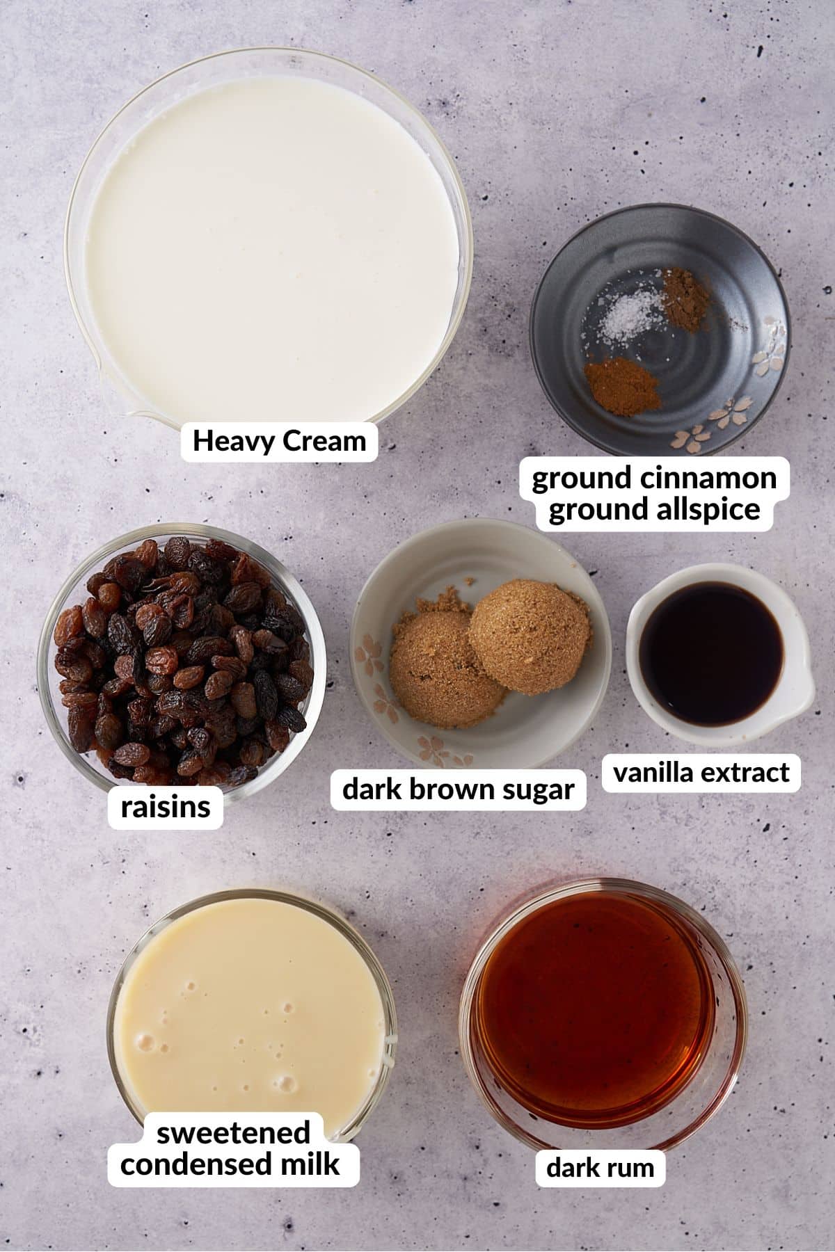 ingredients needed to make rum raisin ice cream on table