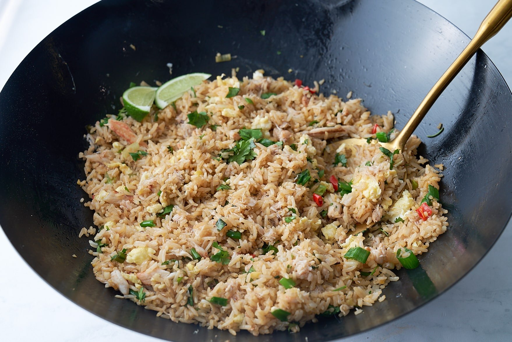 crab fried rice in wok