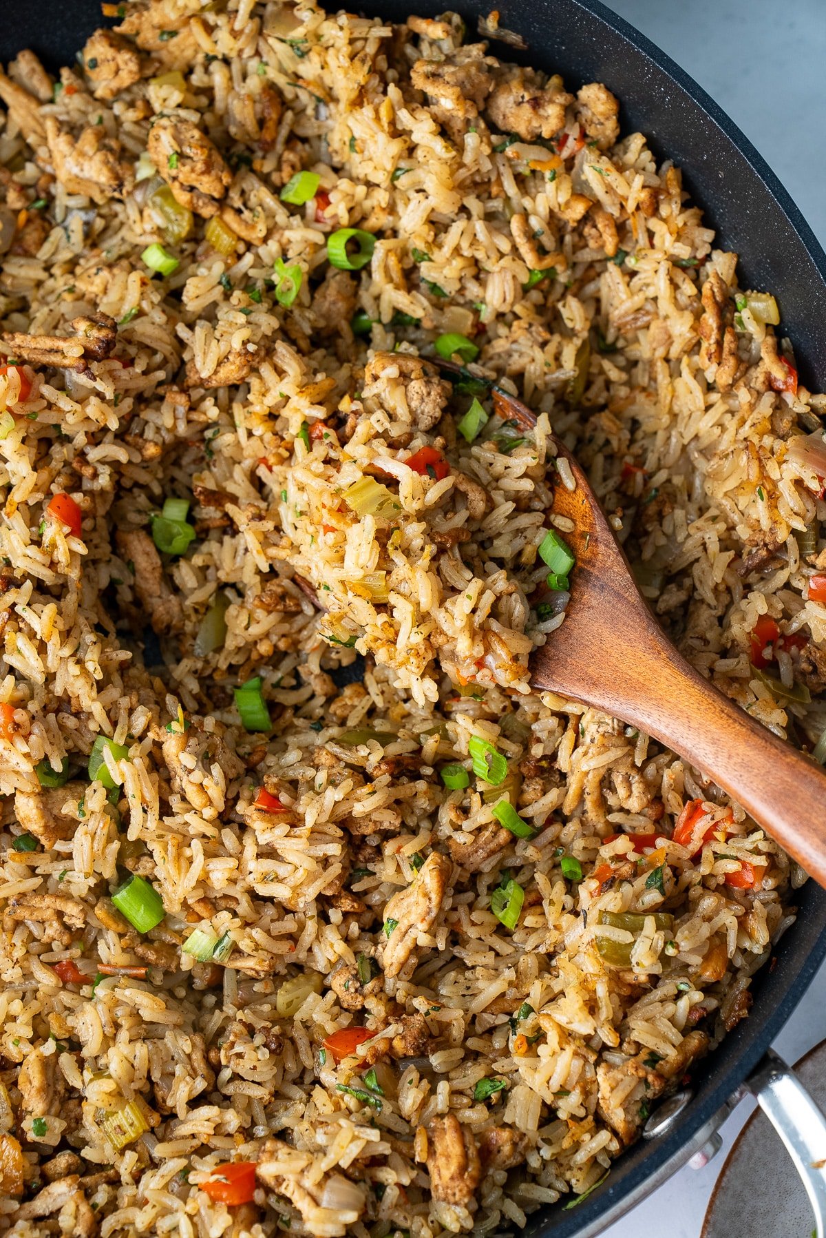 finished ground chicken and rice in skillet with spoon lifting some ip