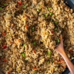 ground chicken and rice ina skillet