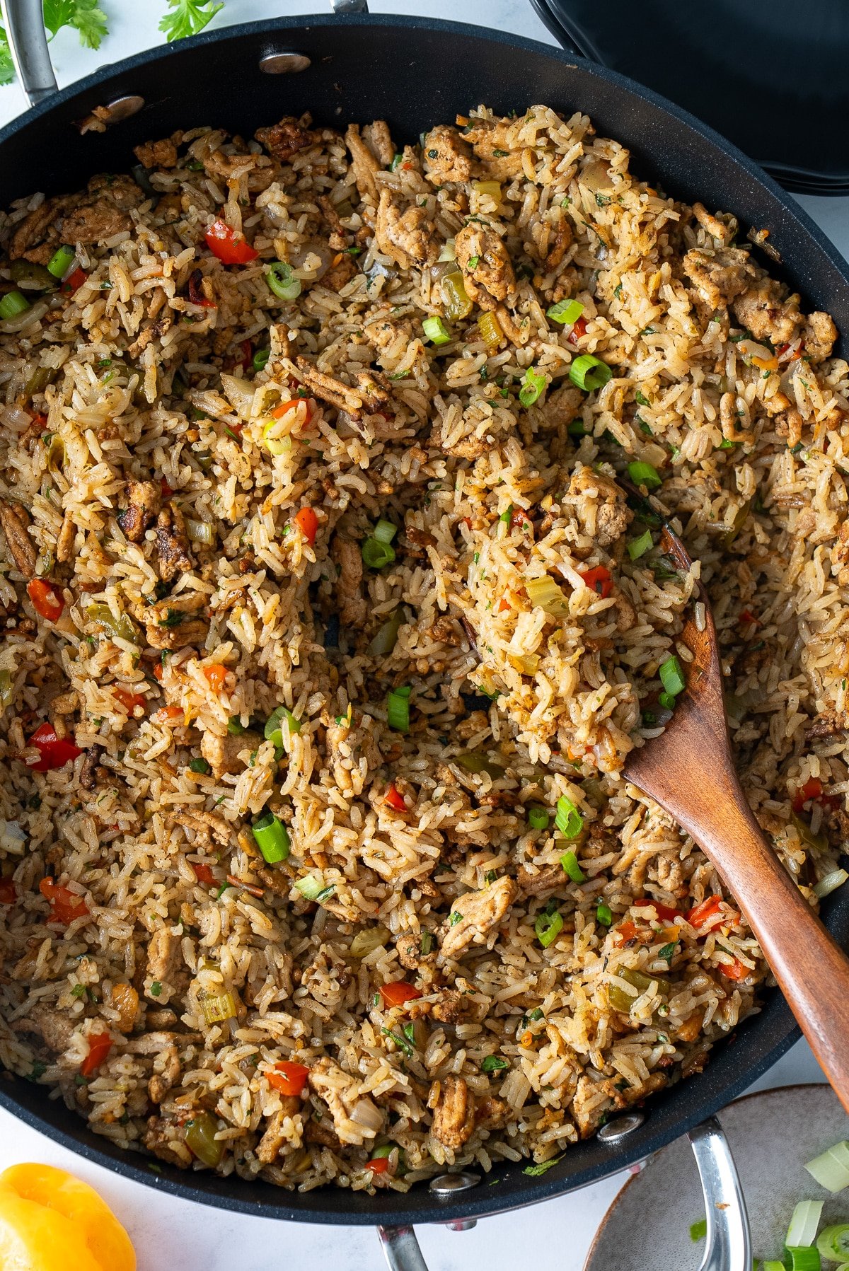 ground chicken and rice ina skillet