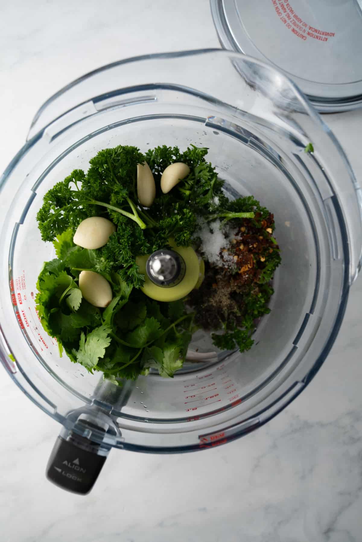 chimichurri ingredients in food processor bowl before processing