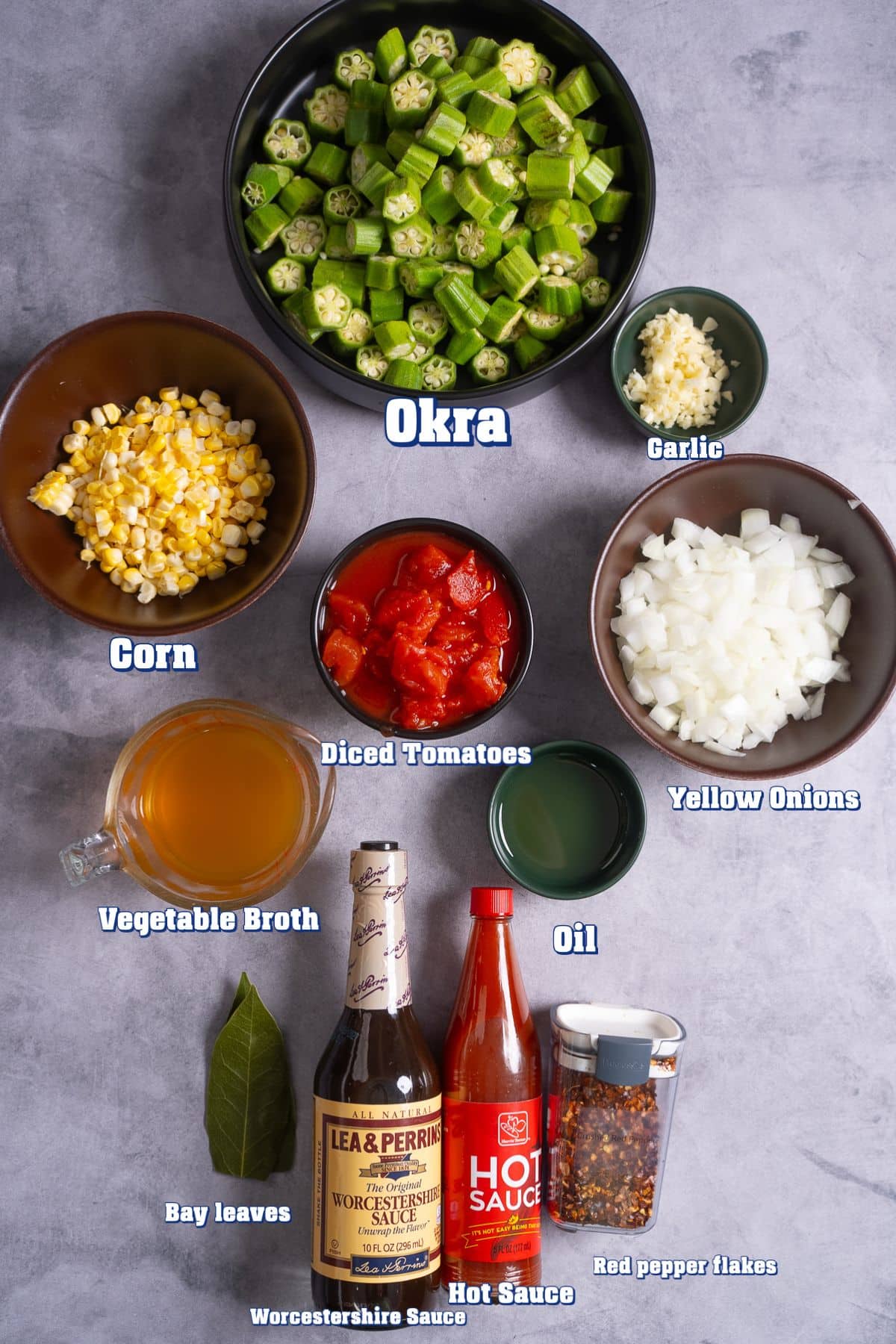 ingredients with labels for stewed okra