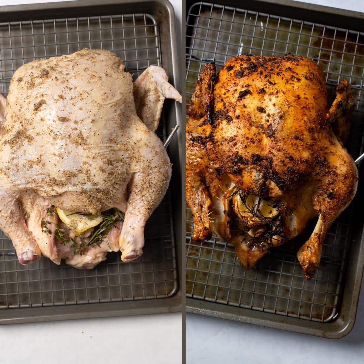 a collage, on the left, raw chicken on sheet pan with rack. on the right, roasted whole chicken on rack after cooking