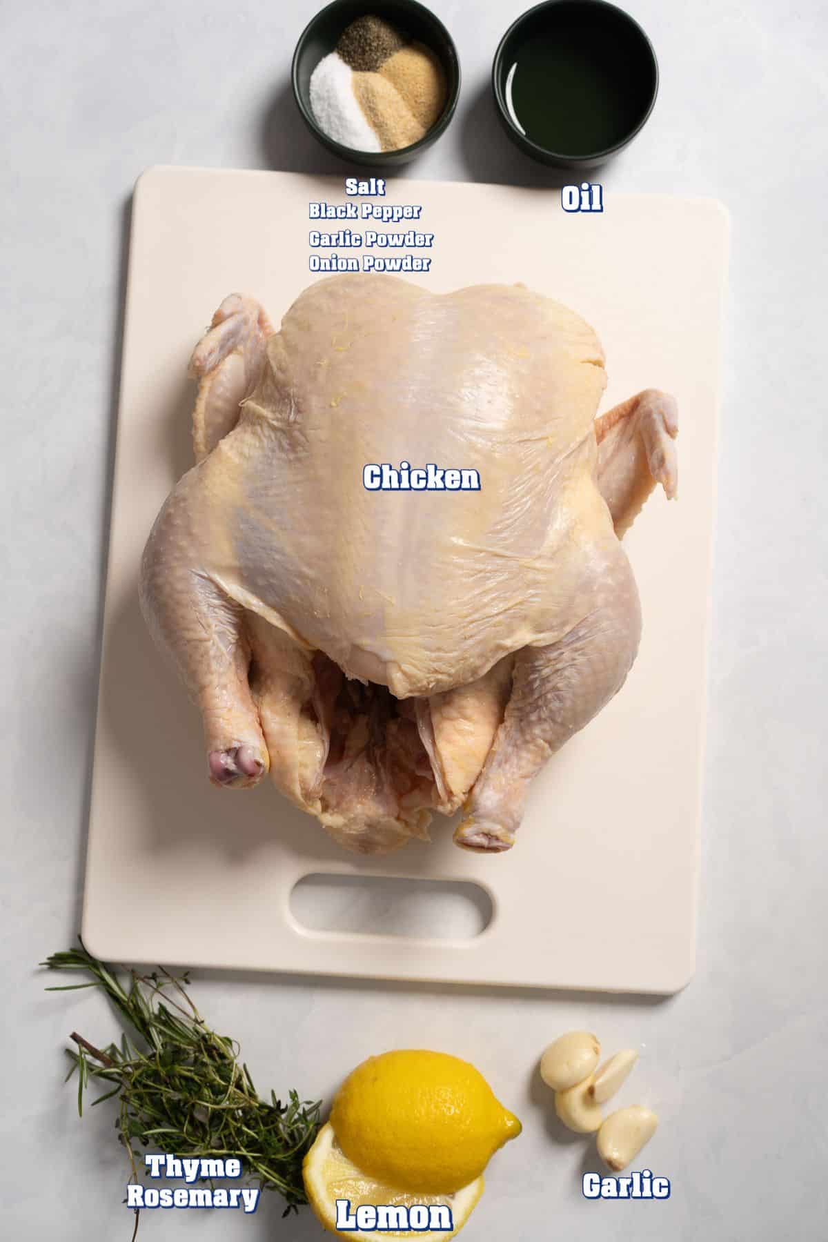 ingredients for whole roasted chicken on table with labels
