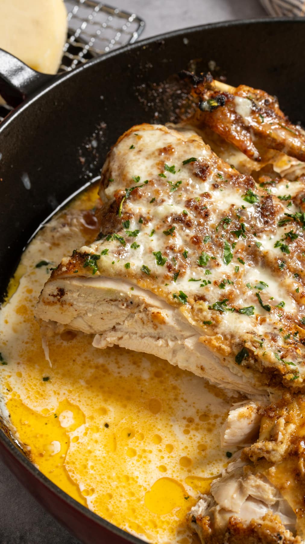 chicken in pan that has been cut