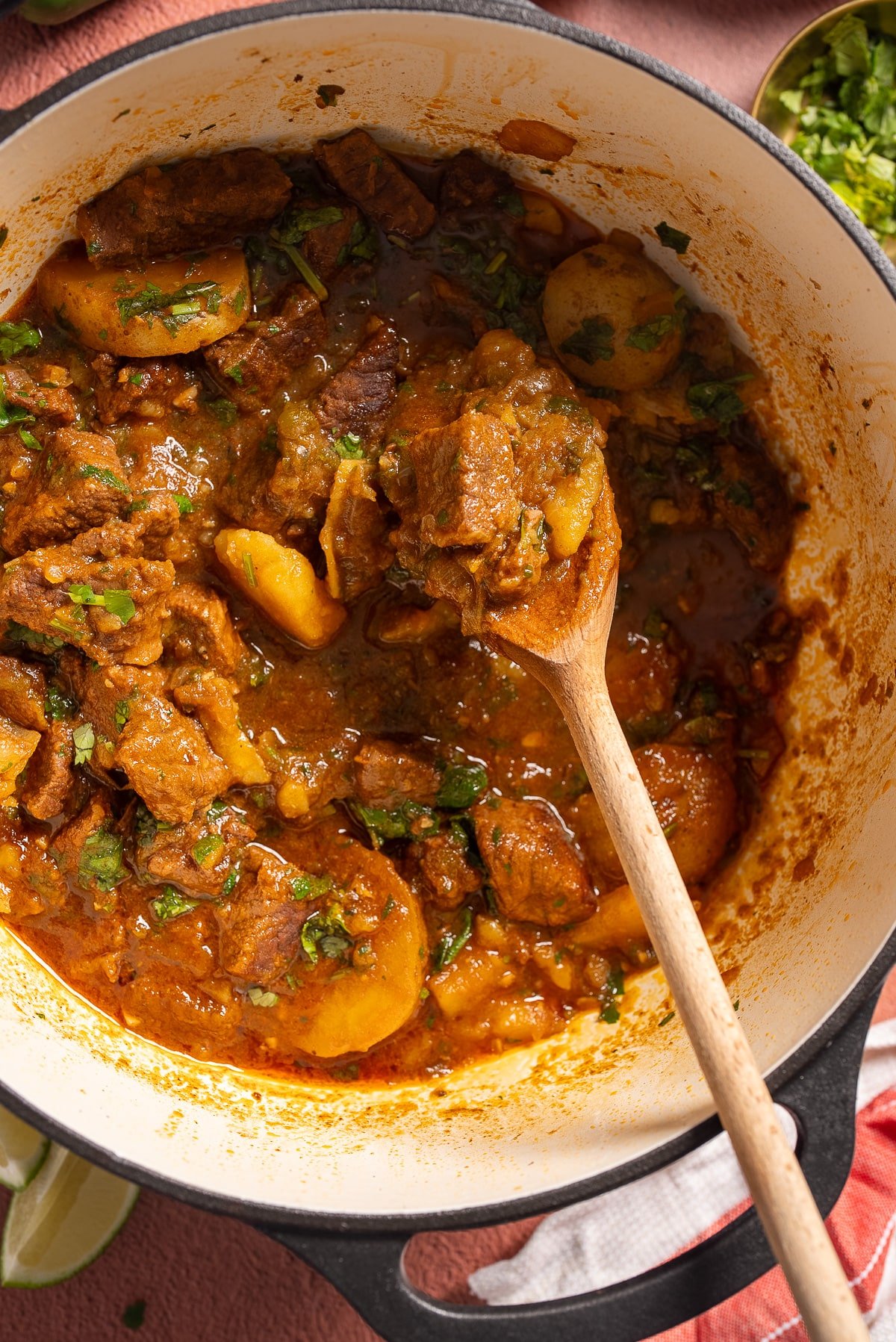 beef stew in pot being picked up with spoon