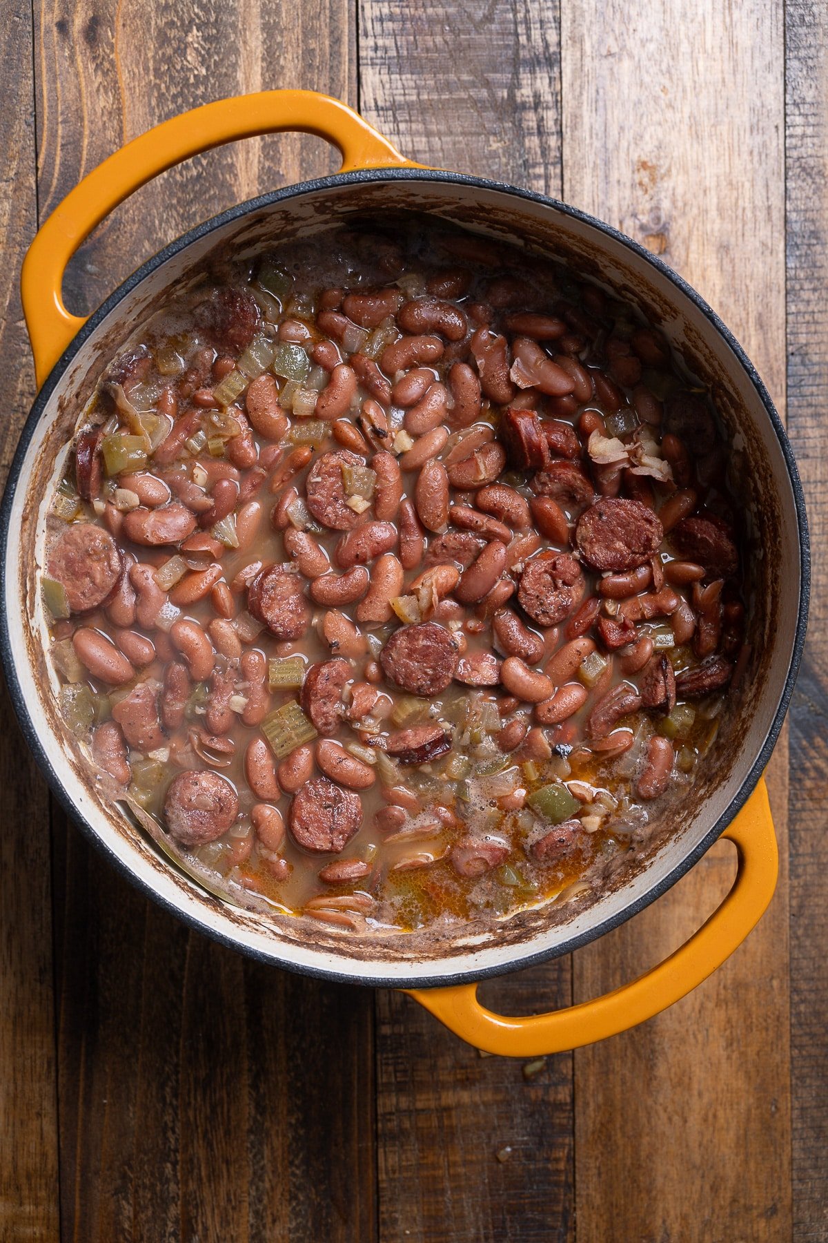 red beans and rice in pot after boiling for 30 minutes