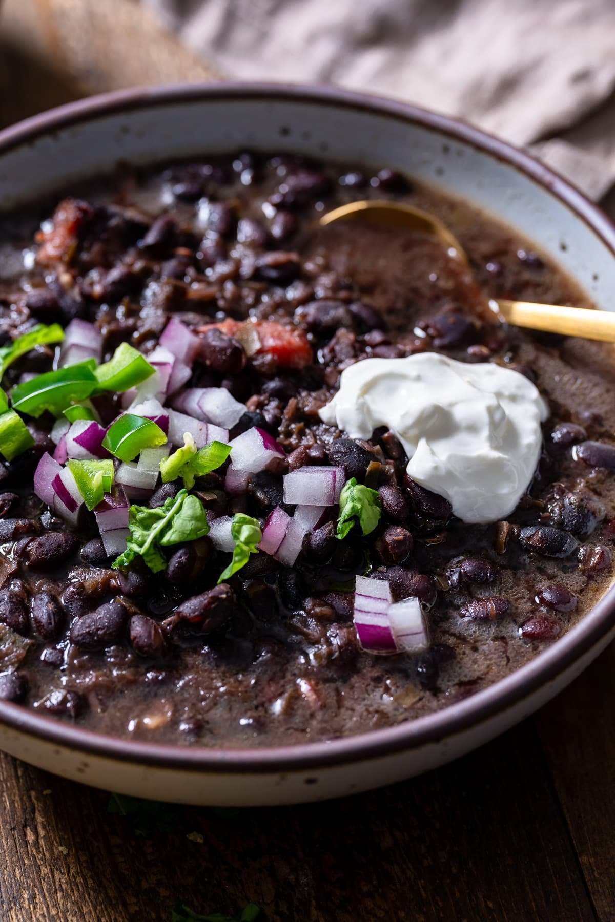 black bean soup in bowl with spoon