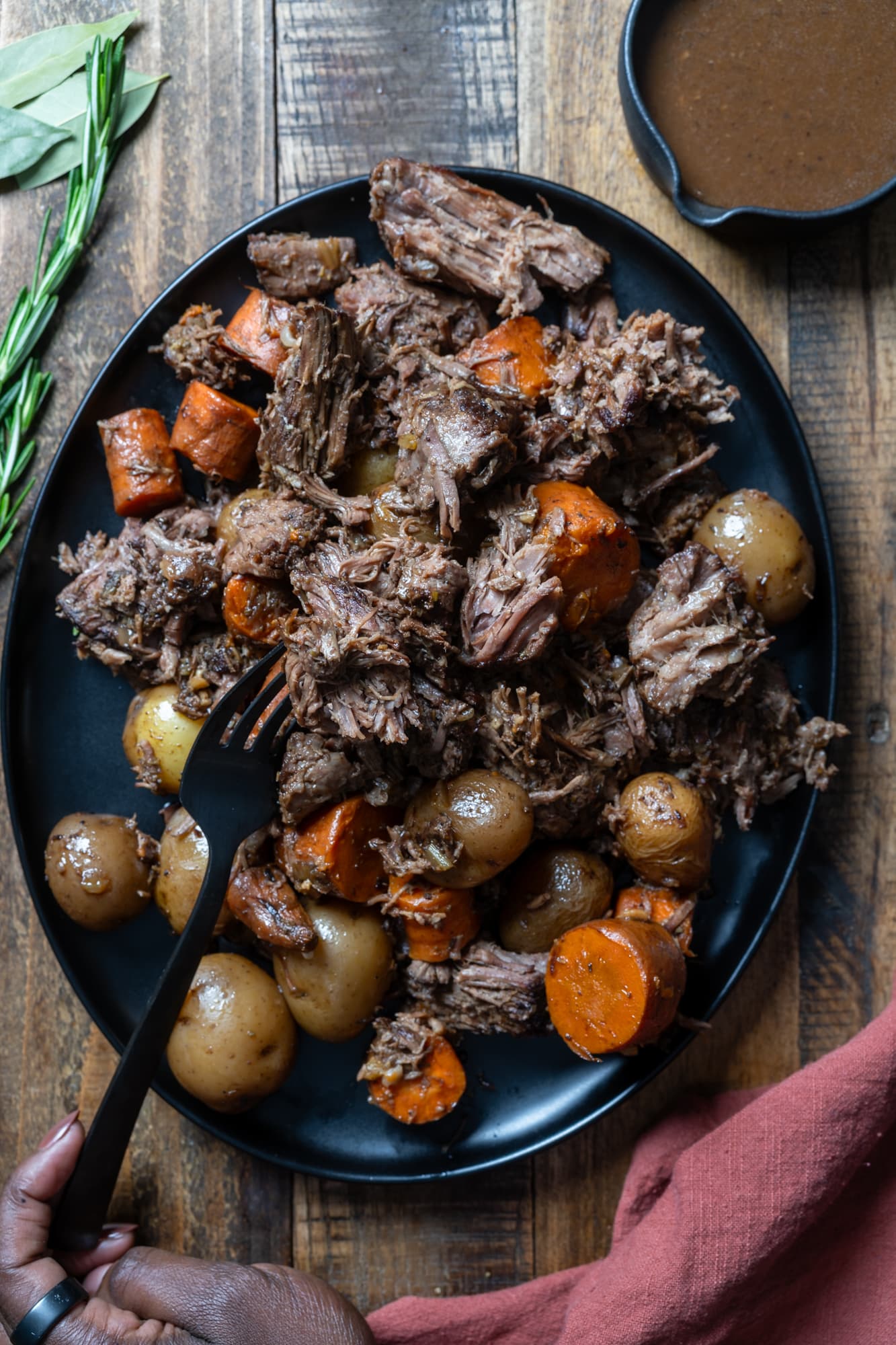 pot roast and vegetables on plate