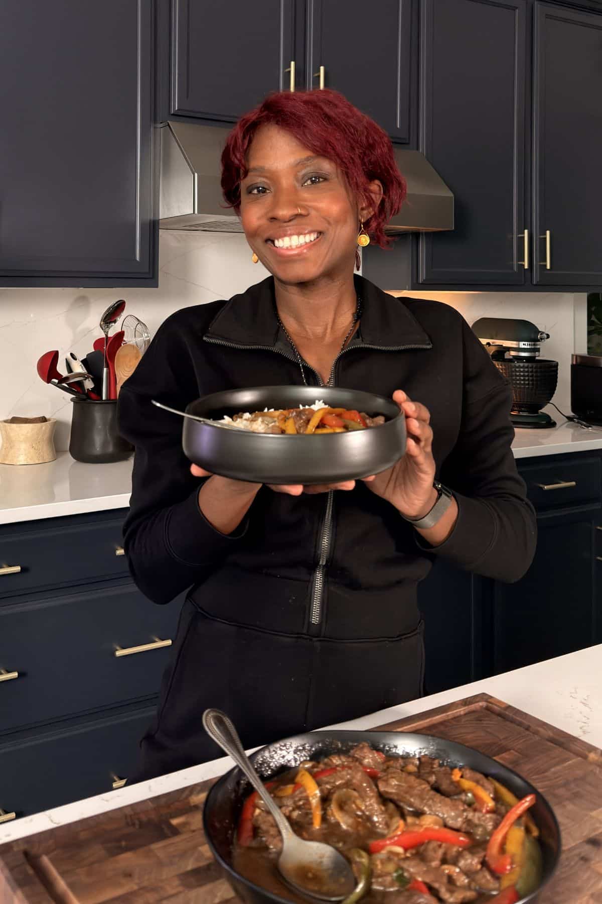 tanya holding pepper steak