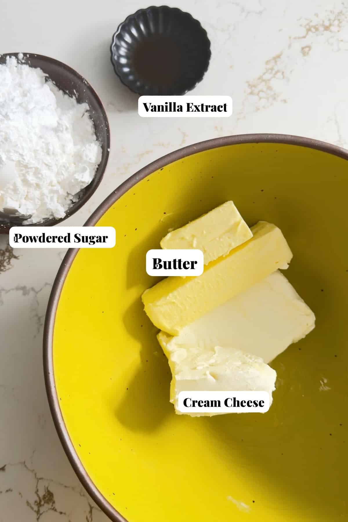 Ingredients for cream cheese frosting for Hummingbird Cake