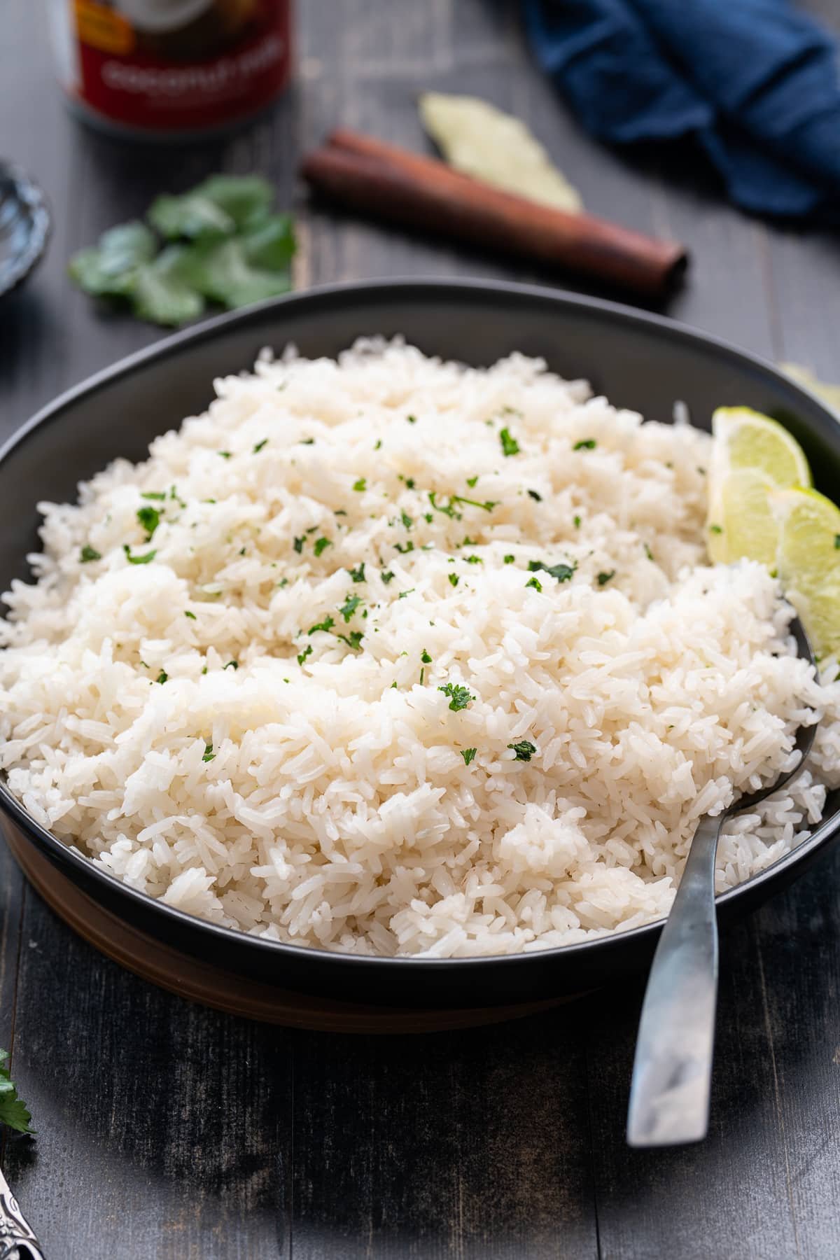 coconut rice in bowl with spoon