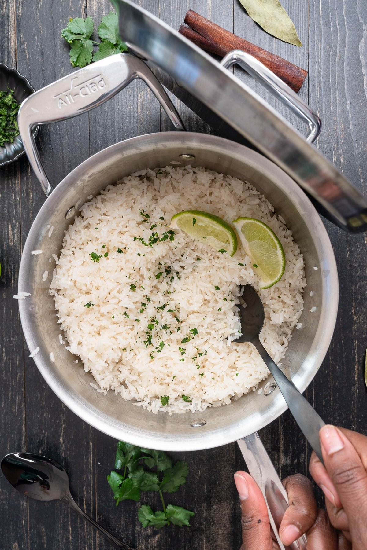coconut rice in pot after cooking