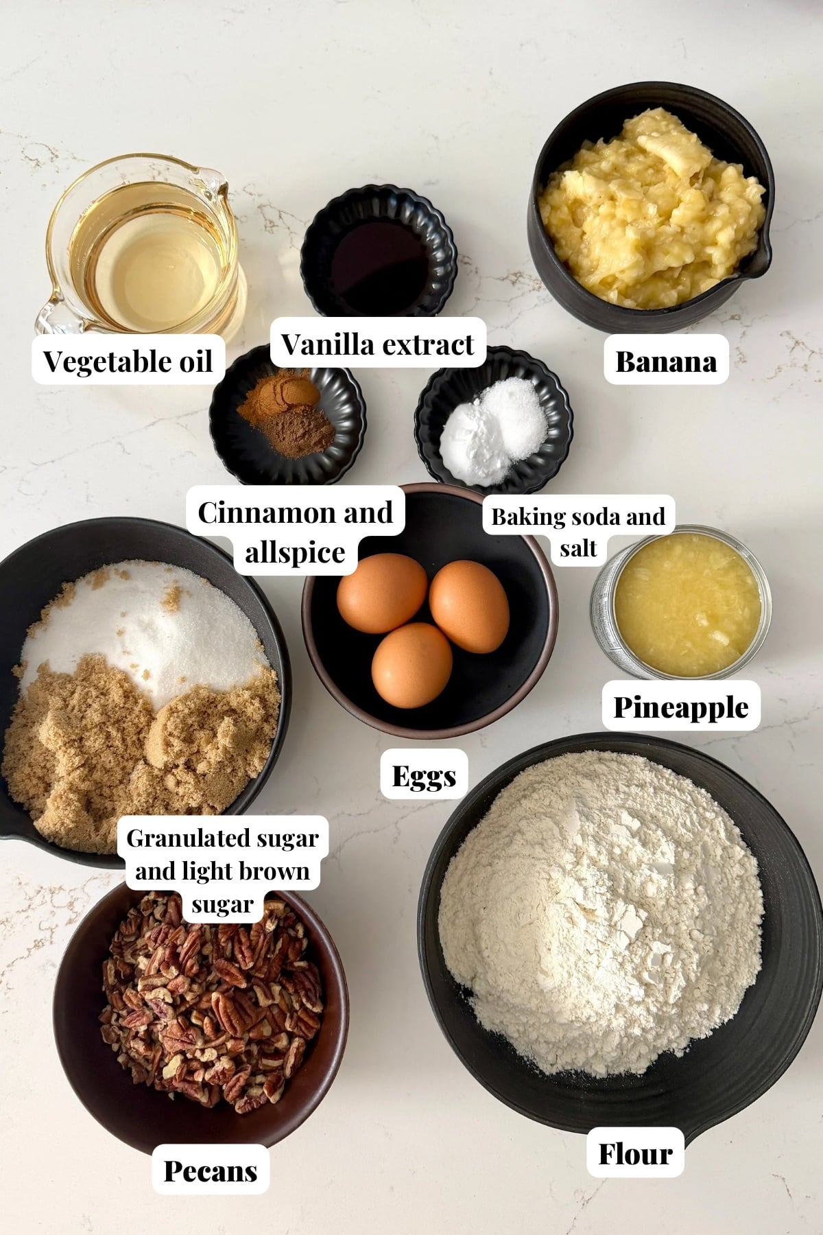 Ingredients for cake portion of hummingbird cake