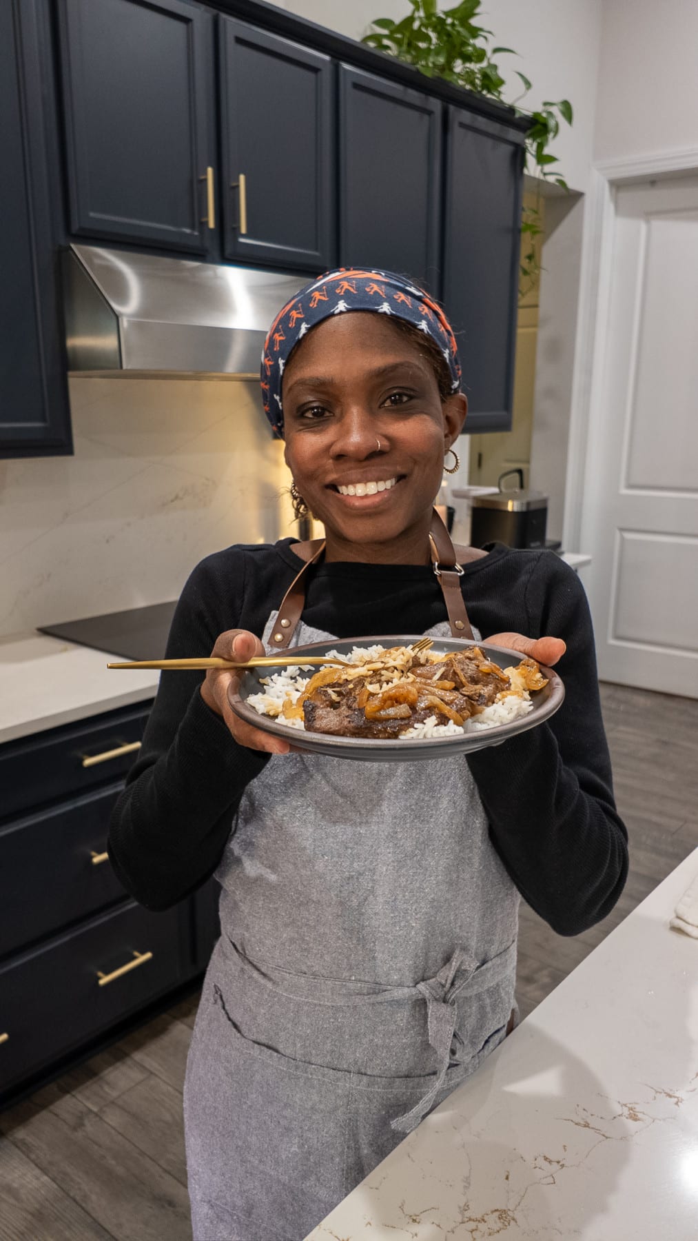 Tanya holding liver and onions