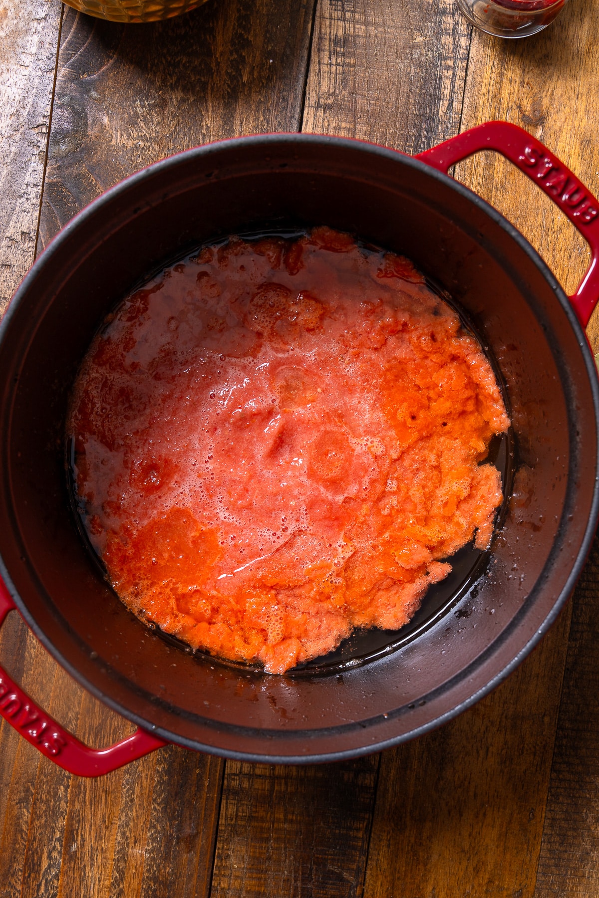 tomato puree in pot before blending