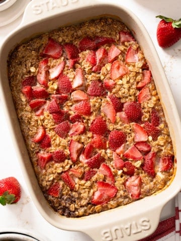 Strawberry baked oatmeal in a casserole dish