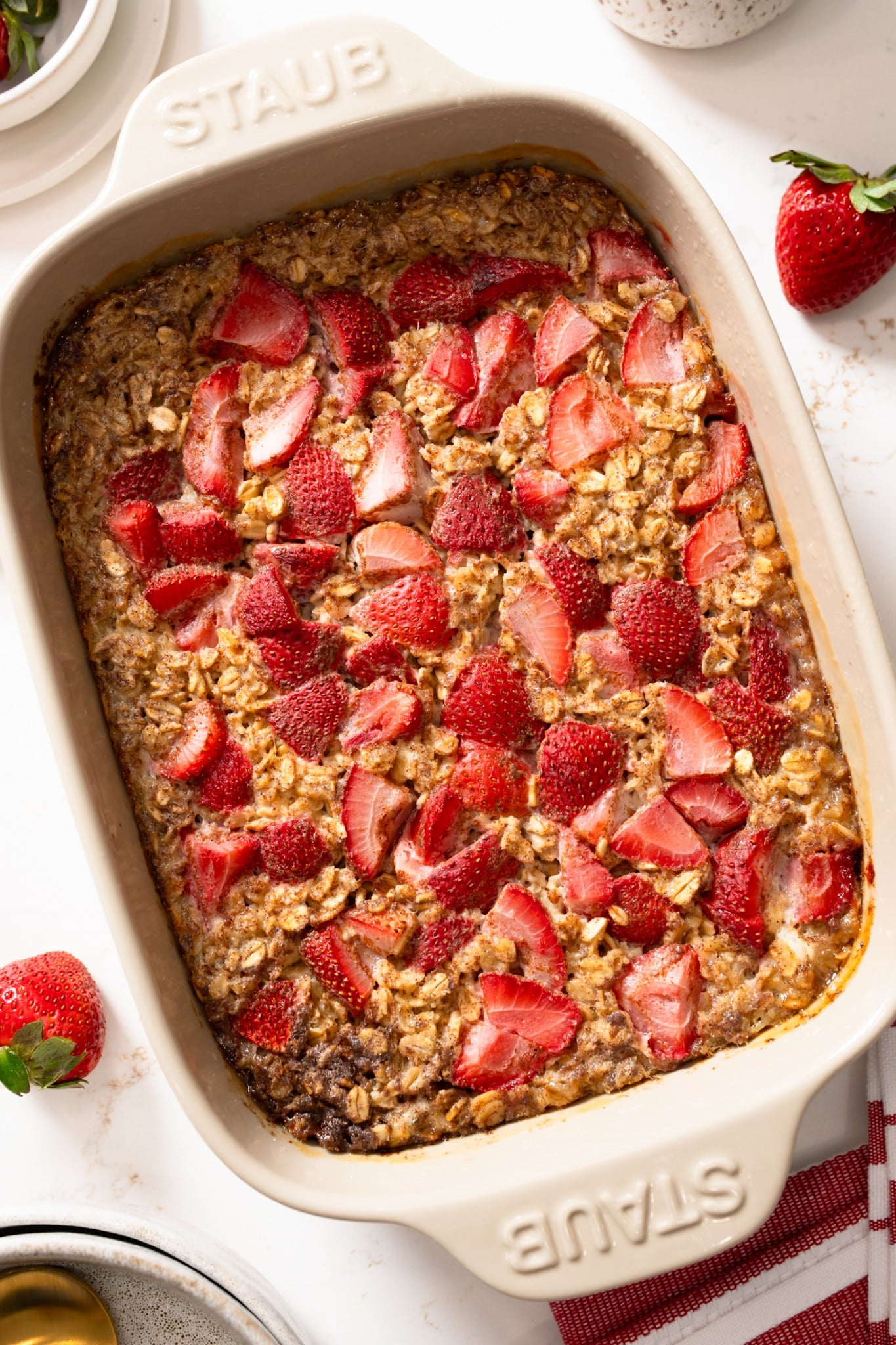Strawberry baked oatmeal in a casserole dish