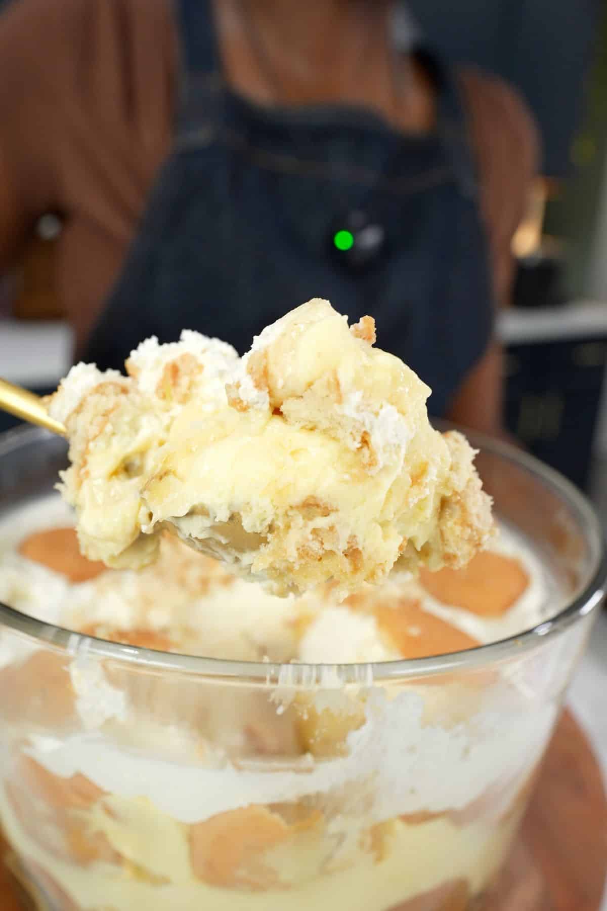 Close-up photo of banana pudding on a spoon.