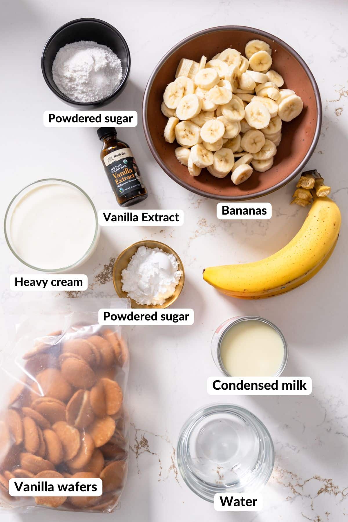 Ingredients for Banana Pudding with Labels