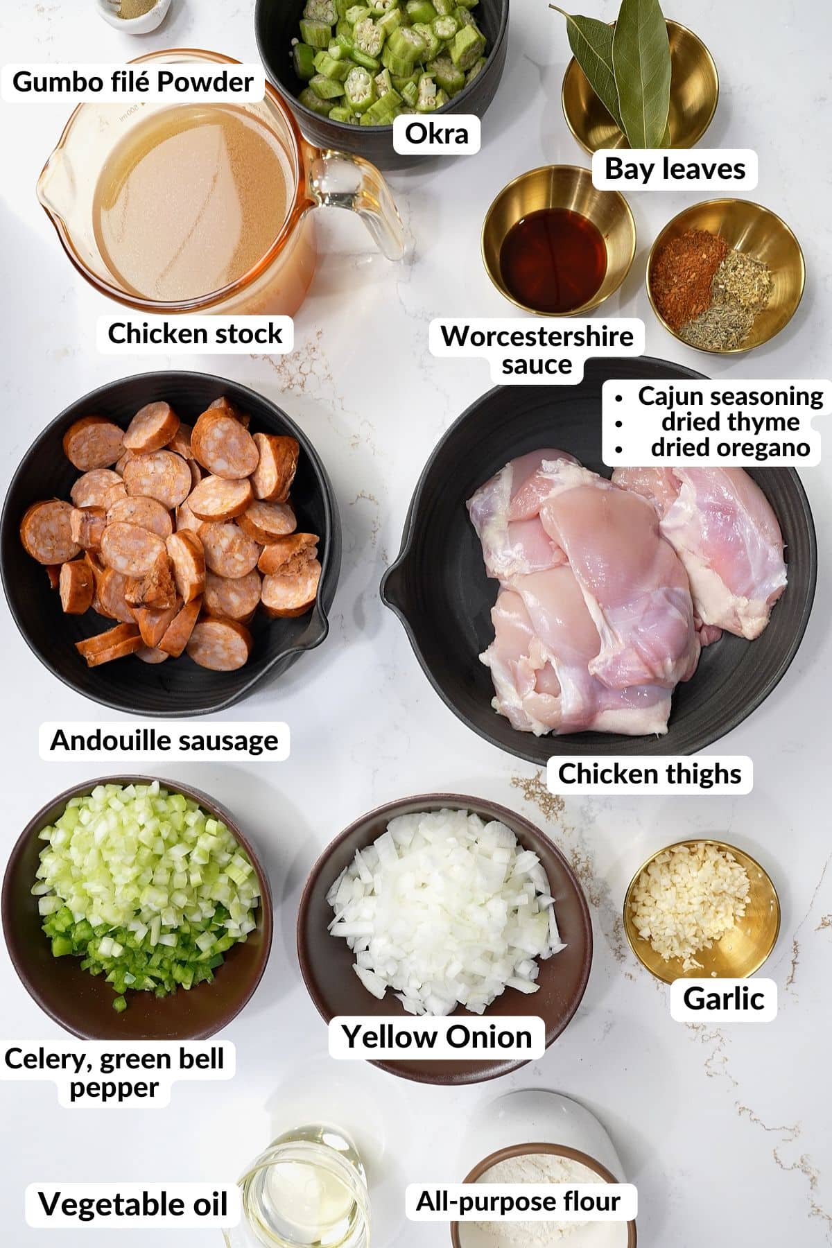 Ingredients for gumbo on tabletop with labels