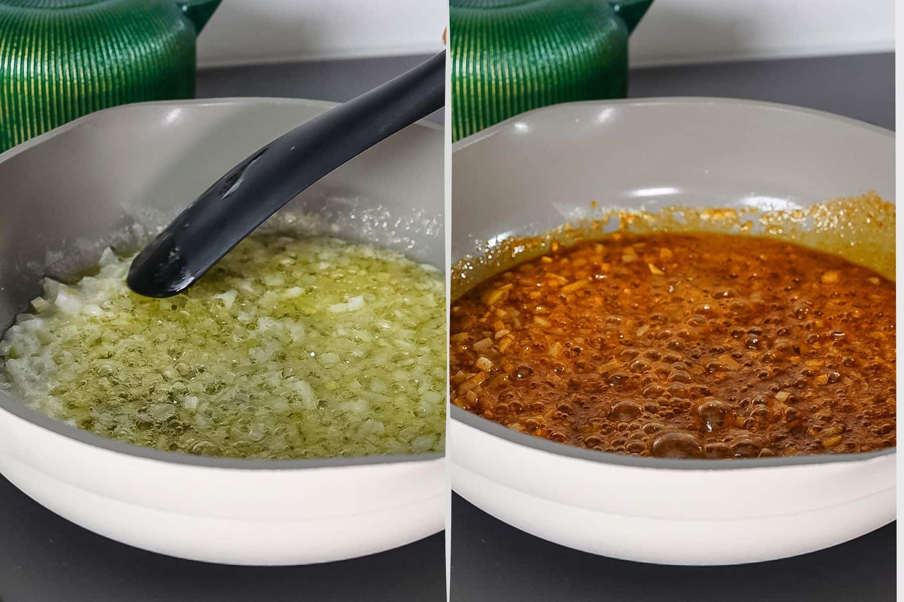 collage of garlic butter sauce in skillet