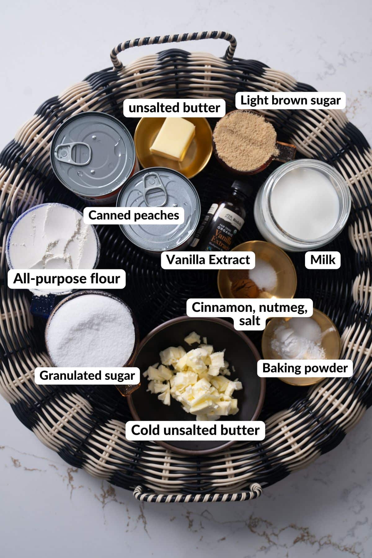 Ingredients for Peach Cobbler on tray