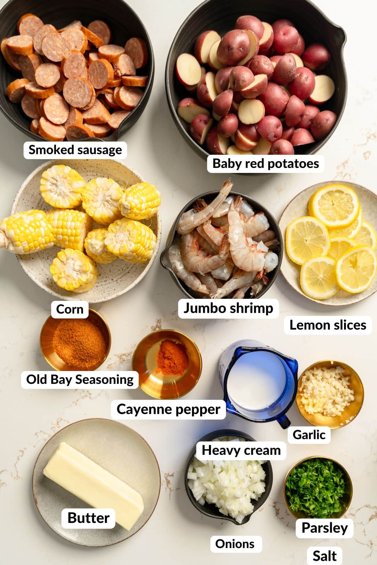 ingredients for shrimp boil on table