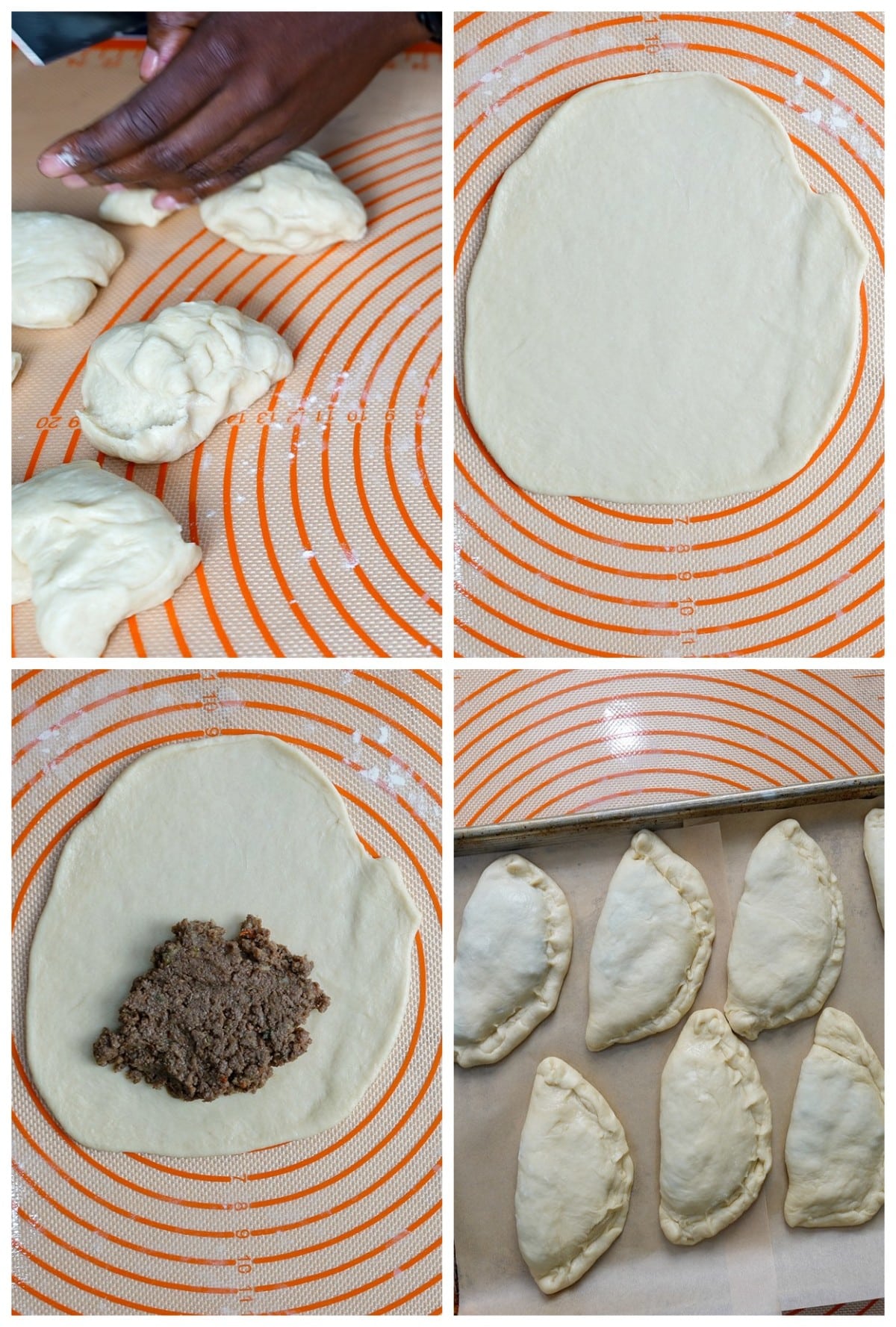 dough being stuffed with meat mixture