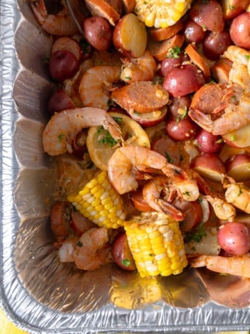 shrimp boil in pan up close