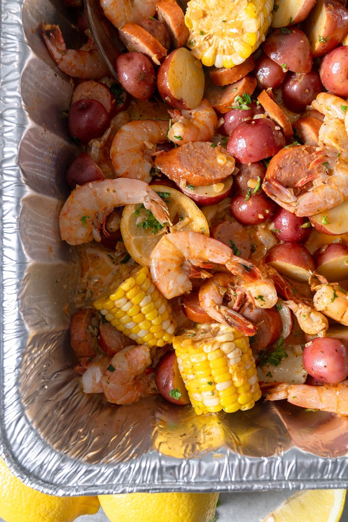 shrimp boil in pan up close