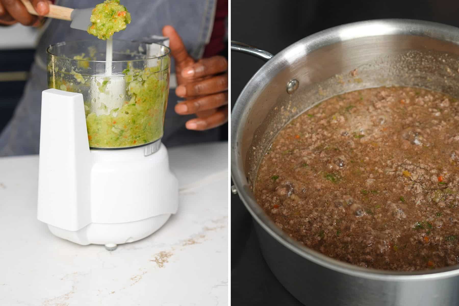 collage of onions and peppers in mini food processor and beef in pot