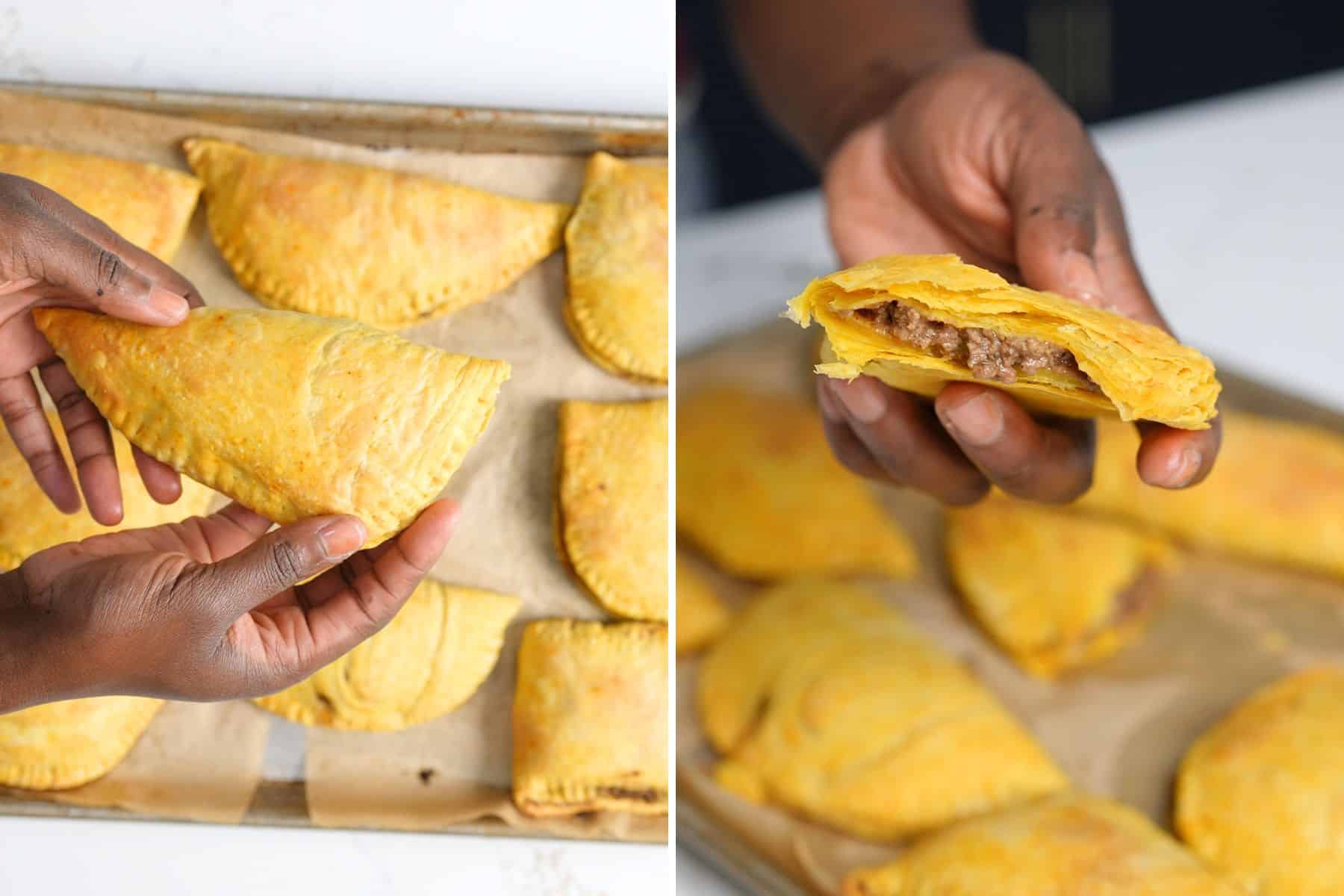 collage of baked beef patties being held in hand and a beef patty being held after being broken in half
