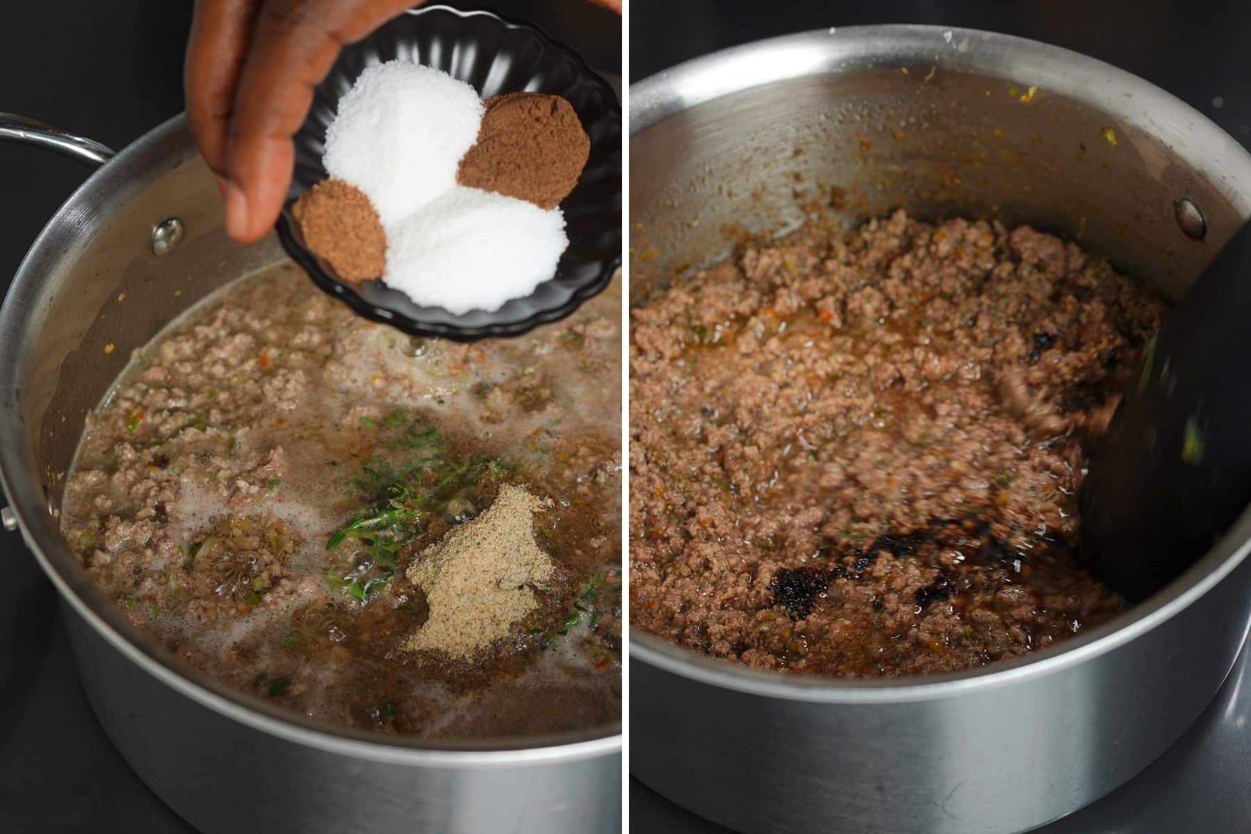 seasoning going into pot and beef mixture simmering with browning